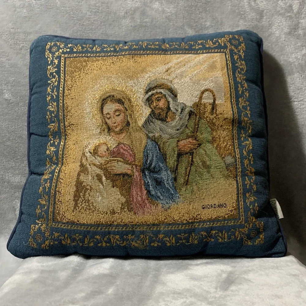 Riverdale Nativity Tapestry Throw Pillow Giordano Made in USA Blue Christian Vtg